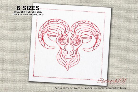 Animal Face Aries Zodiac Sign Redwork