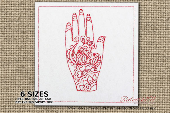 Floral Palm Henna Design Redwork