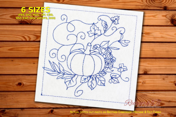 Halloween Pumpkin in Leaves Redwork