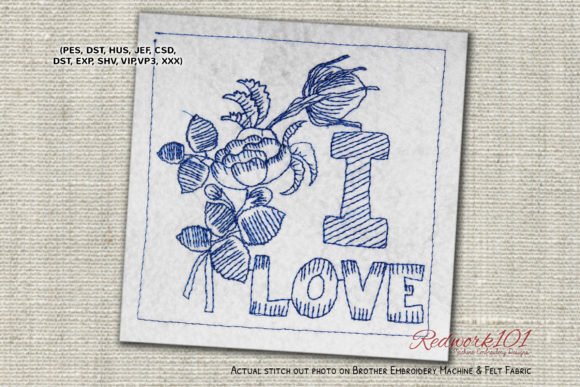 I Love with Rose Redwork